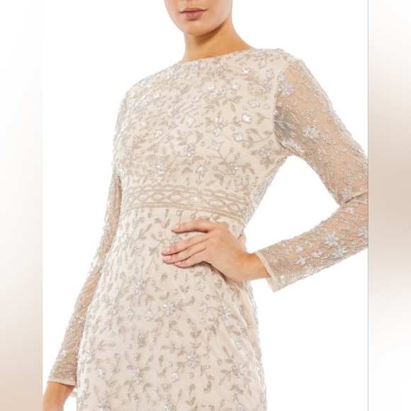 MAC DUGGAL BEADED TEA LENGTH DRESS W/ SHEER SLEEVES 10812 - Picture 2 of 4